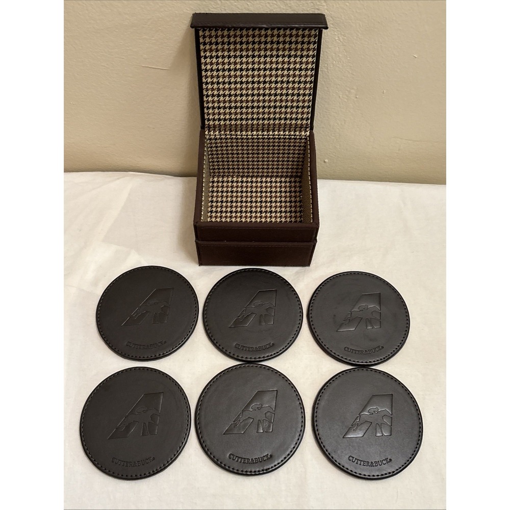 Cutter & Buck Brown Leather Coaster Set 6pc Arlington Heights Raceway Logo Box